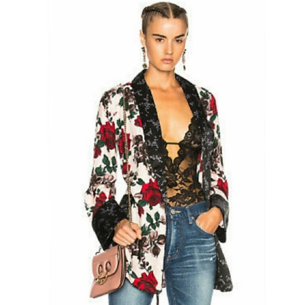 RARE Equipment Theron Silk Robe kimono floral pink black flowers XS